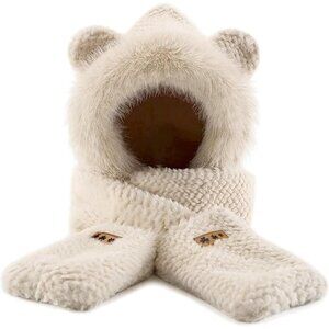 Women's Beige Hooded Scarf Cute Bear Ear Hat Faux Fur Gloves Set Soft